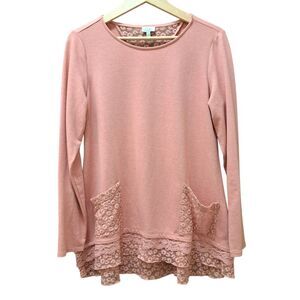 LOGO Lounge By Lori Goldstein Knit Soft Top Floral Lace Size M Pink Long Sleeve